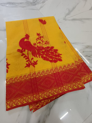 Priyongboda Printed Tant Handloom Cotton Blend Saree(Yellow)