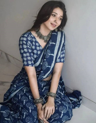 Sitra Floral Print, Blocked Printed, Printed Handloom Handloom Pure Cotton Saree(Blue)