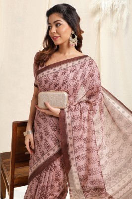 MIRCHI FASHION Printed, Blocked Printed Daily Wear Cotton Blend Saree(Pink, Brown)