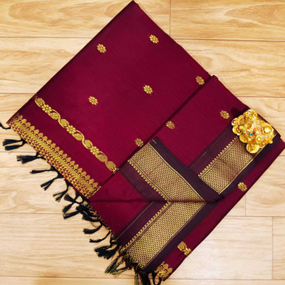 gadwal Solid/Plain Banarasi Cotton Blend Saree(Maroon)