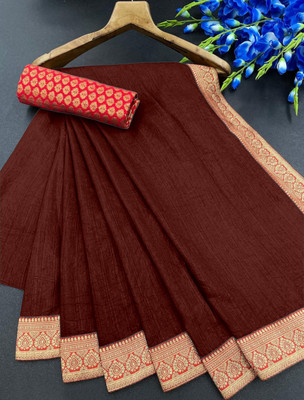 Aadishakti Fashion Solid/Plain Bollywood Lycra Blend Saree(Brown)