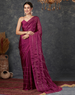 Samah Dyed, Embellished Bollywood Georgette Saree(Magenta, Gold)