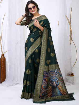 HERE N NOW Woven Banarasi Georgette Saree(Green)