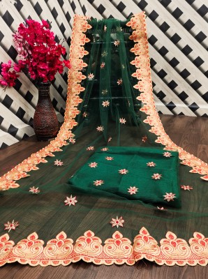 Moon Queen Embroidered Bollywood Net Saree(Green)