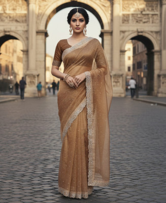 Sudev fashion Embellished Bollywood Net Saree(Orange)
