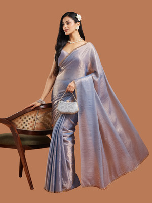 Croza Solid/Plain Chanderi Chiffon, Tussar Silk Saree(Silver)