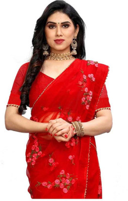 skyfiesta Embroidered Bollywood Net Saree(Red)