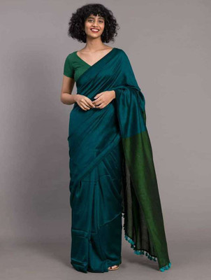 pal saree mahal Solid/Plain Handloom Pure Cotton Saree(Green, Dark Blue)
