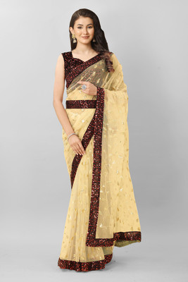 PRATHA FAB Embroidered Bollywood Net Saree(Cream)