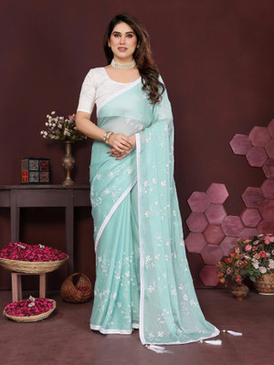 RAJESHWAR FASHION Embroidered Bollywood Chiffon, Silk Blend Saree(Light Blue)