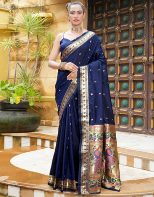 Samah Woven, Embellished, Self Design Paithani Silk Blend Saree(Blue, Gold, Multicolor)