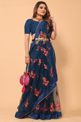 DWINIZAA STORE Embroidered Bollywood Net Saree(Blue)