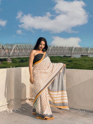 AANJANEY ENTERPRISE Printed Handloom Pure Cotton Saree(Yellow)