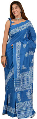 Craftmusium Printed, Color Block, Blocked Printed, Dyed Daily Wear Pure Cotton Saree(Blue)