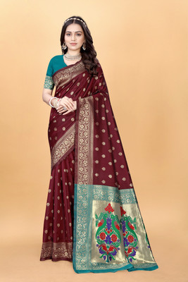 DHAYNAAND REEWA FASHION Woven Paithani Silk Blend Saree(Maroon)