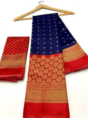 SkyCraftX Self Design Banarasi Pure Silk Saree(Blue, Red)