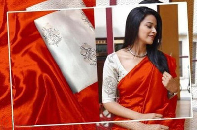 Arpita Fashion Color Block, Solid/Plain Bollywood Satin Saree(Orange)