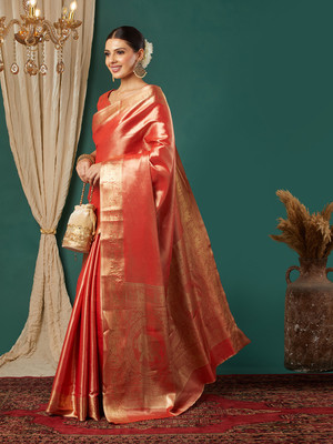 Divastri Woven, Embellished Kanjivaram Pure Silk, Silk Blend Saree(Orange)