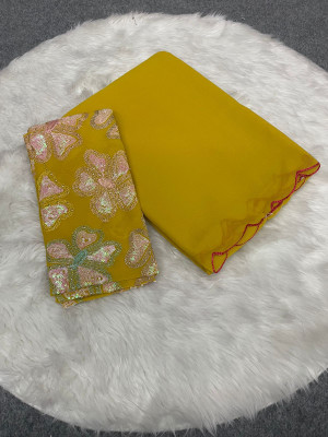 VARDHMAN FAB Solid/Plain, Self Design Bollywood Georgette Saree(Yellow)