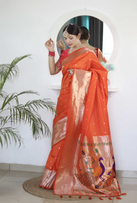Tasrika Woven Paithani Cotton Silk Saree(Orange)