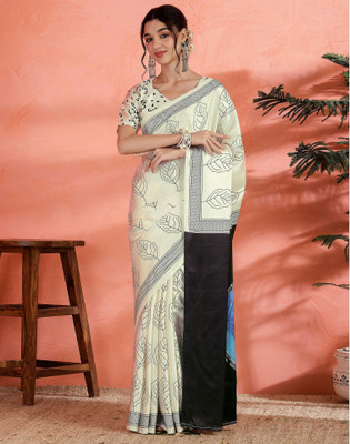 Satrani Printed Daily Wear Satin, Crepe Saree(White, Multicolor)