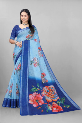 supalee tex Printed Bollywood Cotton Linen Saree(Blue)