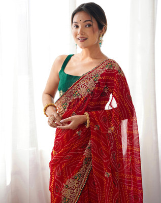 Satrani Printed, Embroidered, Embellished Bollywood Georgette, Lace Saree(Red)