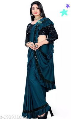 PLEXSTAR Self Design, Checkered, Solid/Plain Bollywood Lycra Blend Saree(Dark Blue)