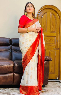 fosgen etp Self Design Kanjivaram Pure Silk Saree(White)