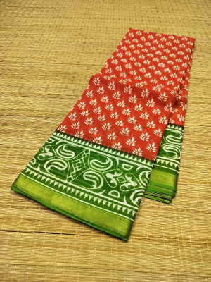 Sareestri Floral Print Chanderi Cotton Blend Saree(Orange)