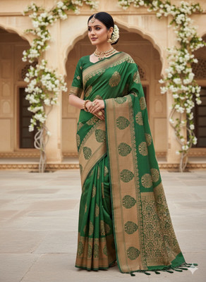 DUDHANE TRADING CORPORATION Woven, Self Design Banarasi Silk Blend Saree(Green)
