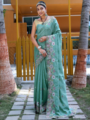 SGF11 Self Design Handloom Silk Blend Saree(Blue)