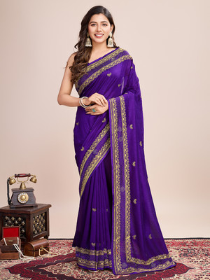 VERAFASHION Embroidered Bollywood Cotton Silk Saree(Purple)