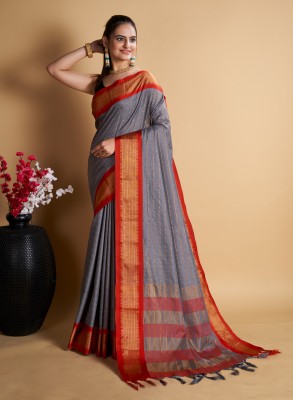 ZILVIRA Checkered, Striped Maheshwari Art Silk, Cotton Silk Saree(Grey)