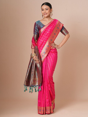 House of Pataudi Woven Paithani Silk Blend Saree(Pink)