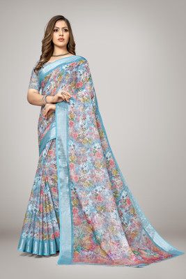 VLS Prints Printed Bollywood Linen Saree(Light Blue, Multicolor)
