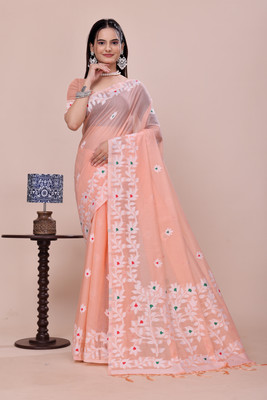 Bhavya Laxmi Textiles Woven Banarasi Cotton Blend Saree(Orange)