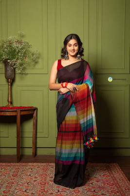 ARDHANGINI DESIGNS Checkered, Color Block Handloom Mulmul Saree(Multicolor)