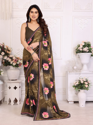 THE URBAN DIVA Printed Bollywood Georgette Saree(Brown)