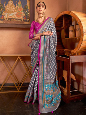 ANOUK Printed Patola Silk Blend Saree(Grey)