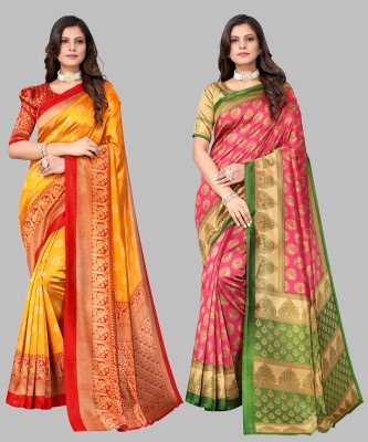 Priyashi Printed, Self Design Mysore Art Silk Saree(Pack of 2, Mustard, Pink)