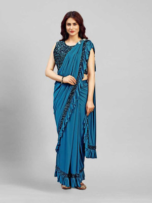 LGCREATION Solid/Plain Bollywood Lycra Blend Saree(Blue)