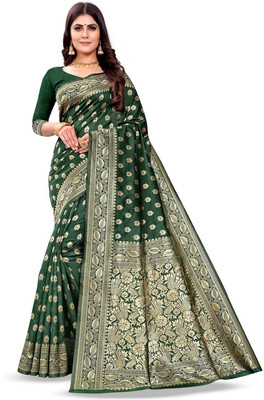 ETHNICHITZ Woven, Self Design Kanjivaram Pure Silk, Cotton Silk Saree(Dark Green)