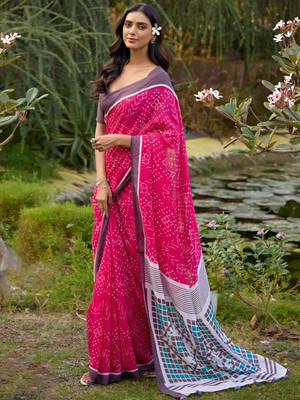 ANOUK Printed Leheria Linen Saree(Pink)
