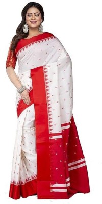 Afronza Self Design, Temple Border, Applique, Woven Garad Pure Silk, Jacquard Saree(White, Red)