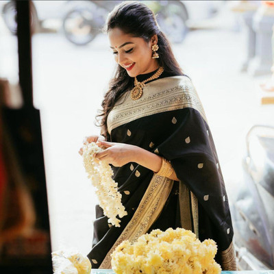 Rudr Ventures Embroidered Banarasi Cotton Silk Saree(Black)
