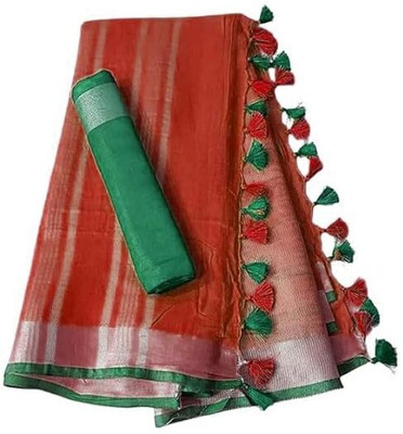 HAIDER ALI AND SONS Solid/Plain Handloom Cotton Linen Saree(Red)