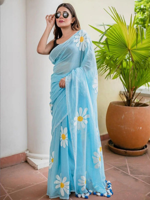 A To Z Cart Printed Daily Wear Linen Saree(Light Blue)