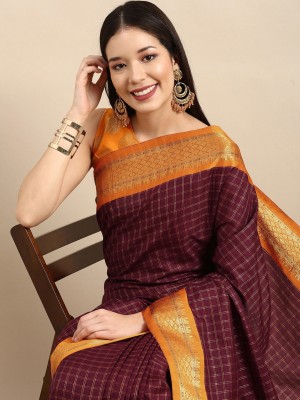 Divastri Checkered Banarasi Silk Blend, Cotton Silk Saree(Brown)