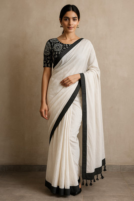 SMRITI BOUTIQUE Printed Bollywood Handloom Pure Cotton Saree(White, Black)